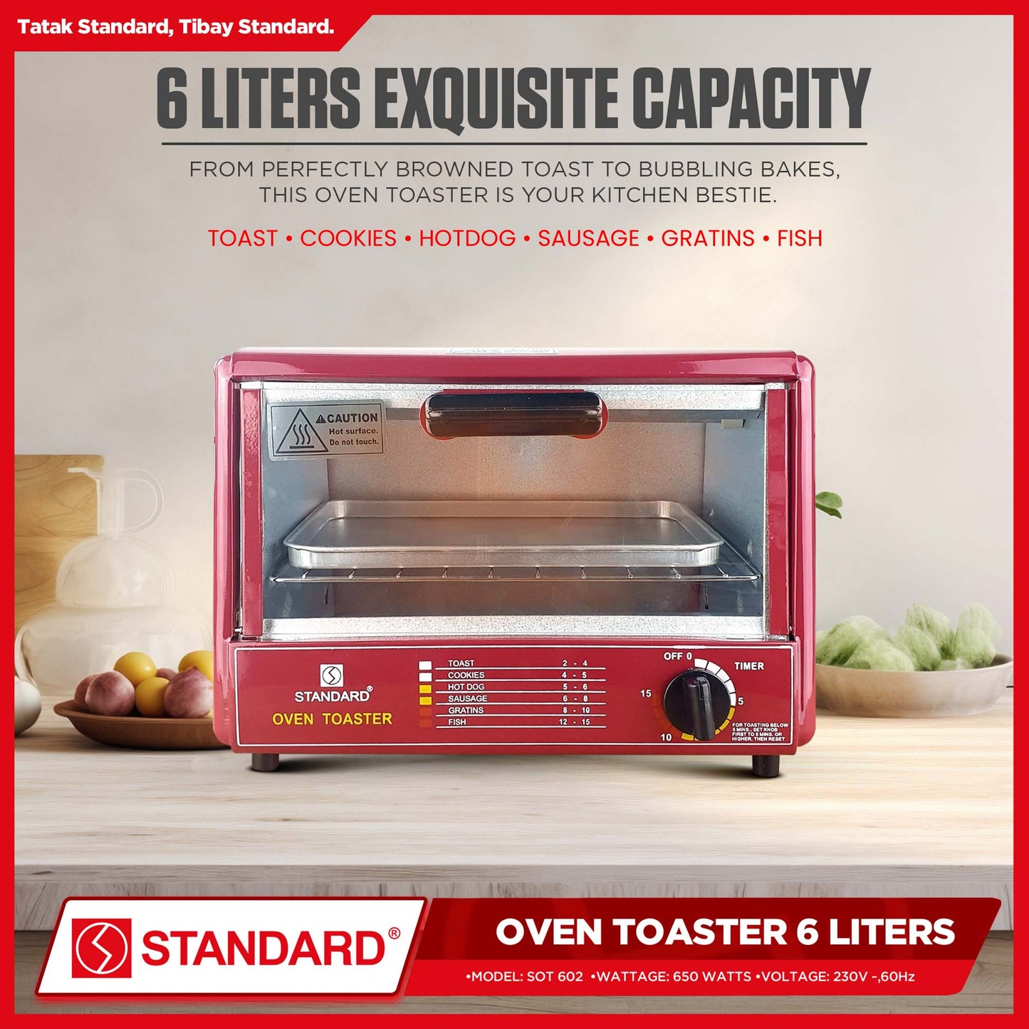 Standard Oven Toaster SOT-602 Red 600 watts