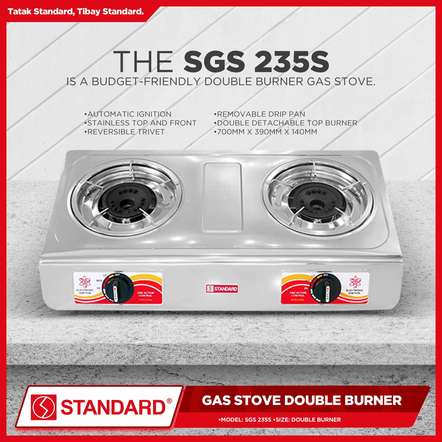 Standard Gas Stove / Double Burner Gas Stove - Stainless Body (SGS235s)