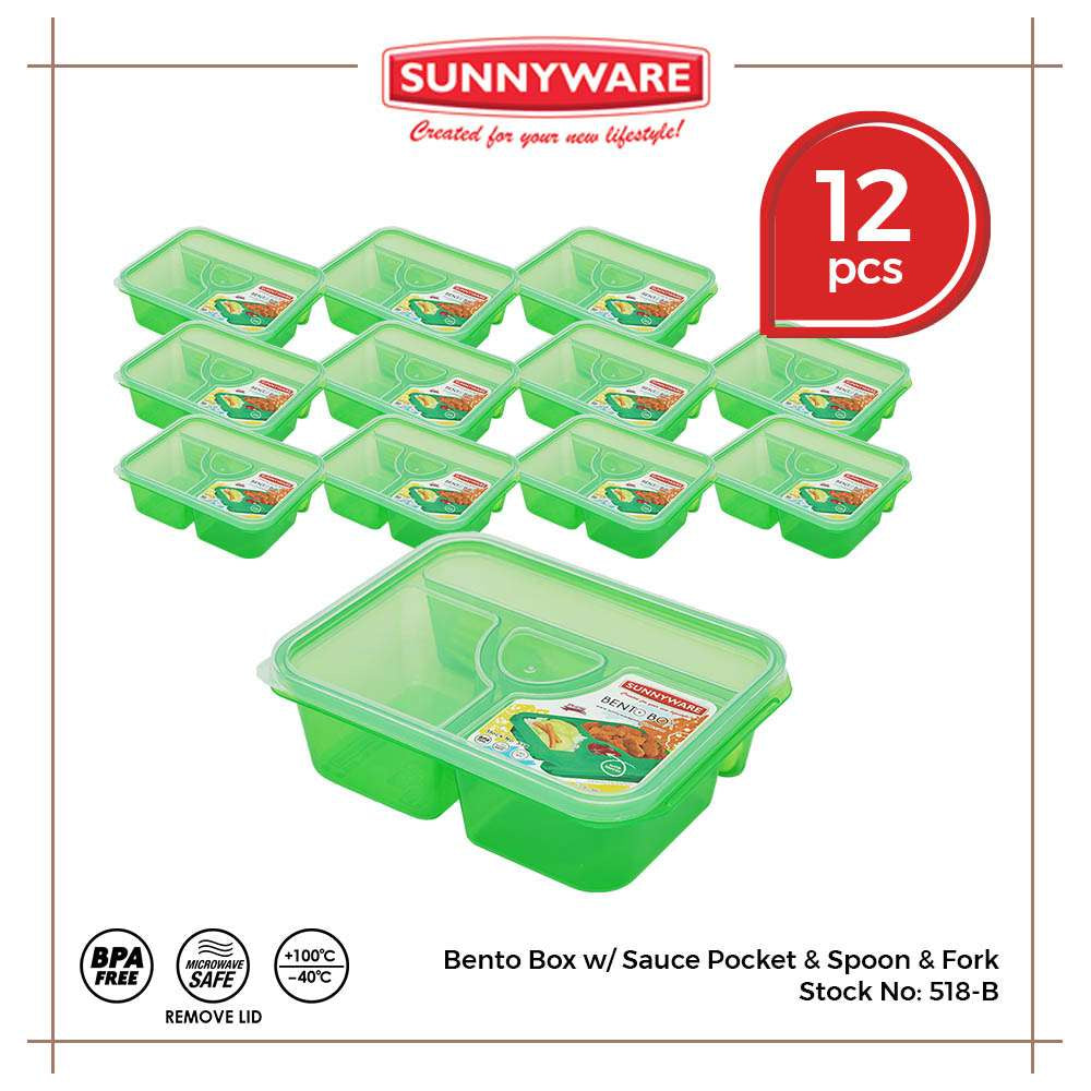 12pcs Big Bento Box w/ Sauce Pocket & Spoon & Fork [Sunnyware 518-B] |Plasticware|Lunch Box|BPA Free