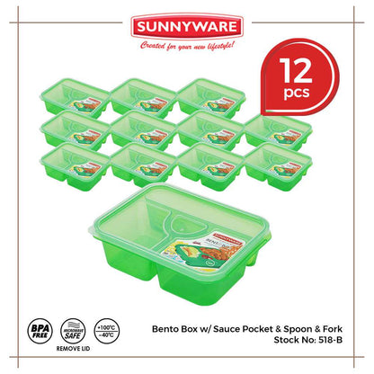 12pcs Big Bento Box w/ Sauce Pocket & Spoon & Fork [Sunnyware 518-B] |Plasticware|Lunch Box|BPA Free