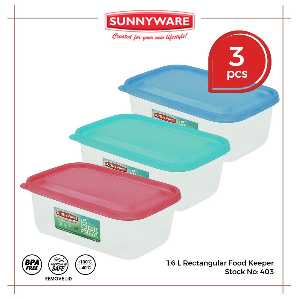 3pcs 1.6 L Rectangular Food Keeper [Sunnyware 403] |Plasticware | Food Storage and Keeper | BPA Free