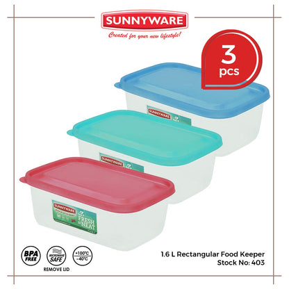 3pcs 1.6 L Rectangular Food Keeper [Sunnyware 403] |Plasticware | Food Storage and Keeper | BPA Free