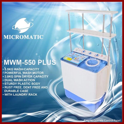 Micromatic MWM-550PLUS 5.5kg Wash Capacity Powerful Motor with Laundry rack