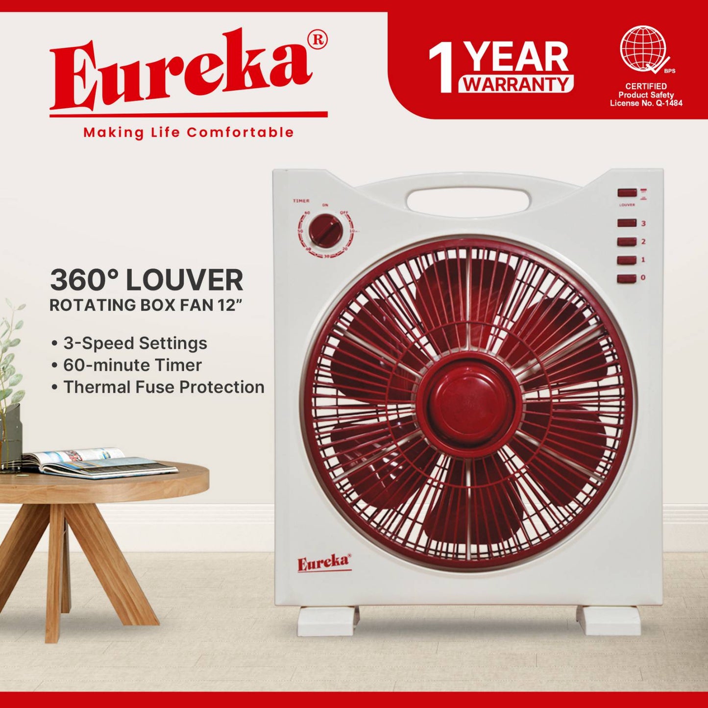 Eureka  Box Fan 3-Speed Button Switch EBF 12 Eco