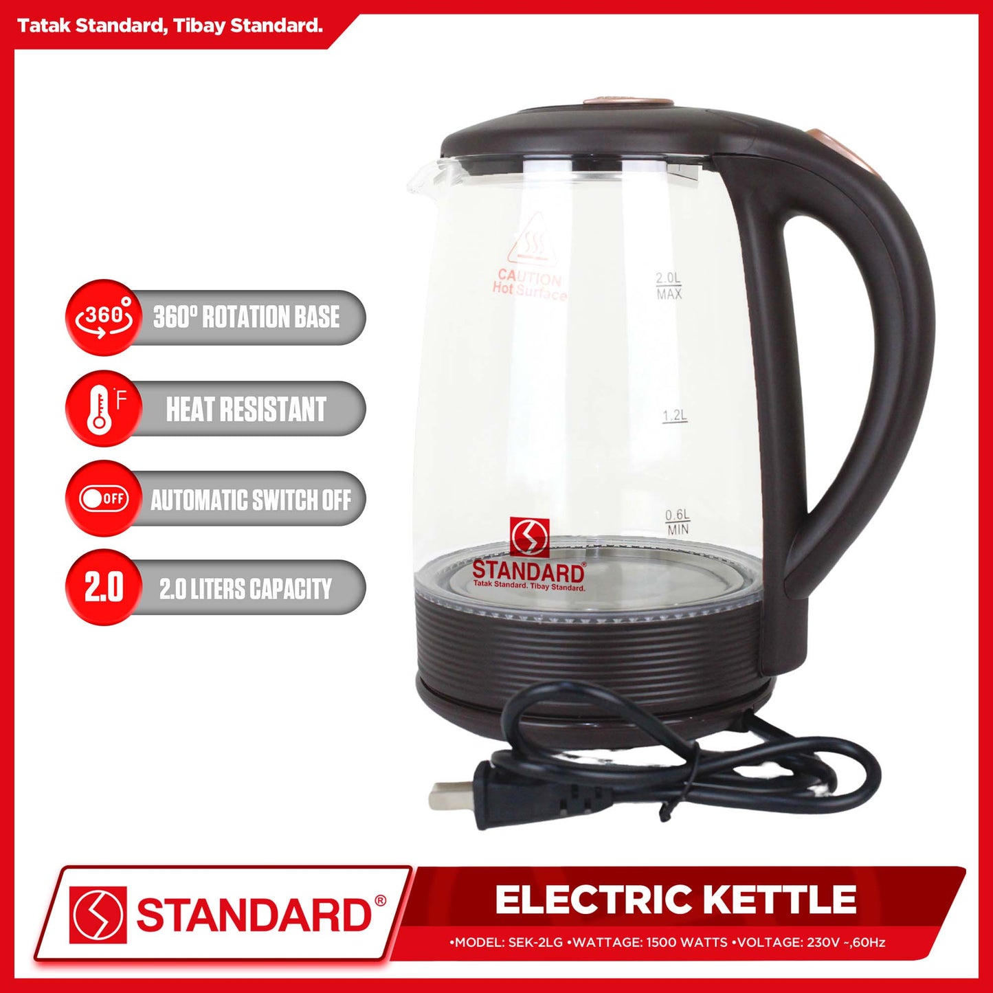 Standard Electric Kettle SEK 2.0LG Glass with LED Lights 2L (1500 WATTS)