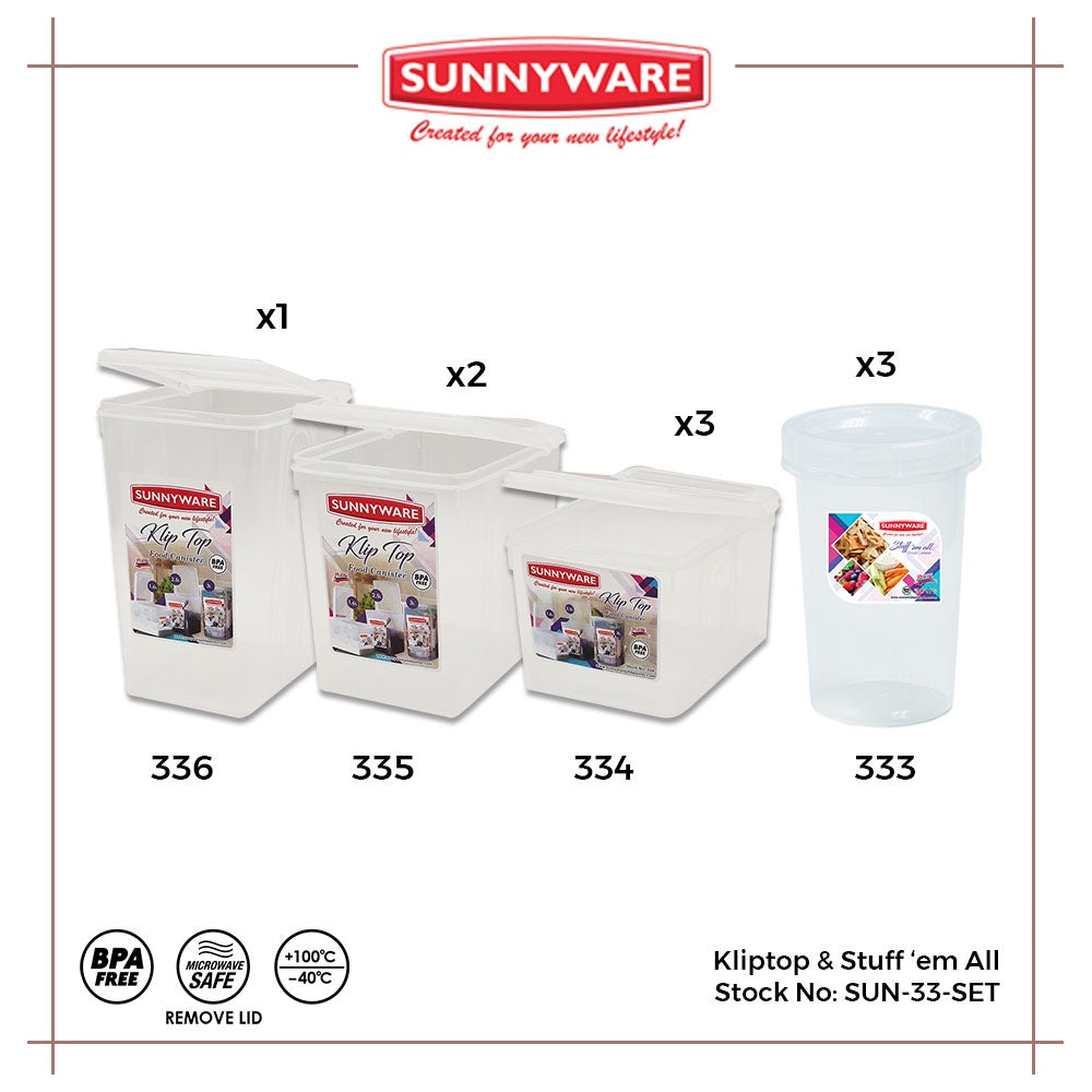 Sunnyware 336 Kitchen Organizer set kliptop & stuff em all | Klip Top Canister | Plastic Ware