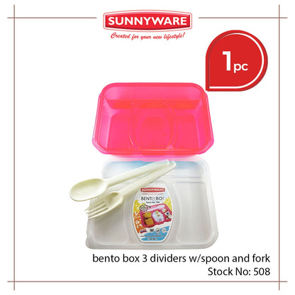 1 pc Sunnyware 508 Bento Box 3 Divisions Lunch Box w/ Spoon Fork