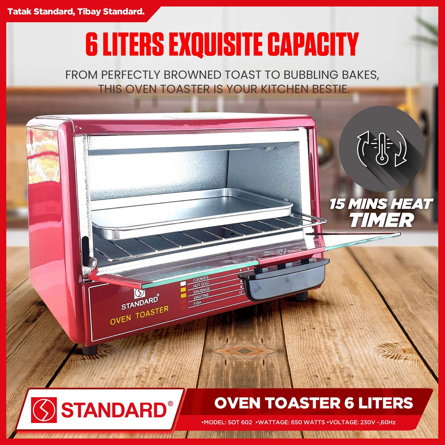 Standard Oven Toaster SOT-602 Red 600 watts