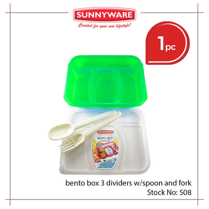 1 pc Sunnyware 508 Bento Box 3 Divisions Lunch Box w/ Spoon Fork