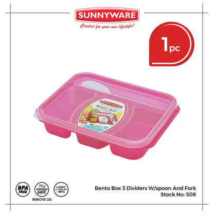 1 pc Sunnyware 508 Bento Box 3 Divisions Lunch Box w/ Spoon Fork