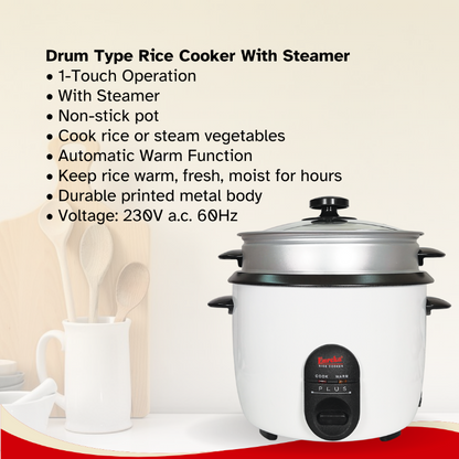 Eureka Rice Cooker Drum Type With Steamer 9-Cups Suitable For 1–6 People 1.0L & 1.5L & 1.8L SP