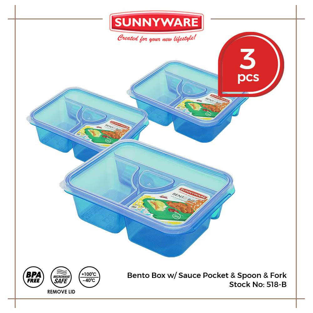 3pcs Big Bento Box w/ Sauce Pocket & Spoon & Fork [Sunnyware 518-B] |Plasticware|Lunch Box |BPA Free