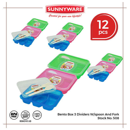 12pcs Bento Box 3 Dividers w/ Spoon and Fork [Sunnyware 508] | Plasticware | Lunch Box | BPA Free