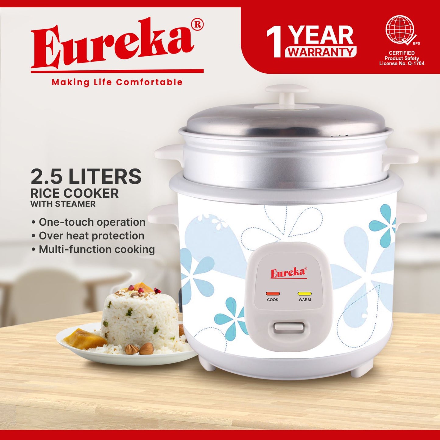 Eureka Rice Cooker With Steamer 10-Cups Suitable For 1–10 People ERC 2.5 LM Random Color