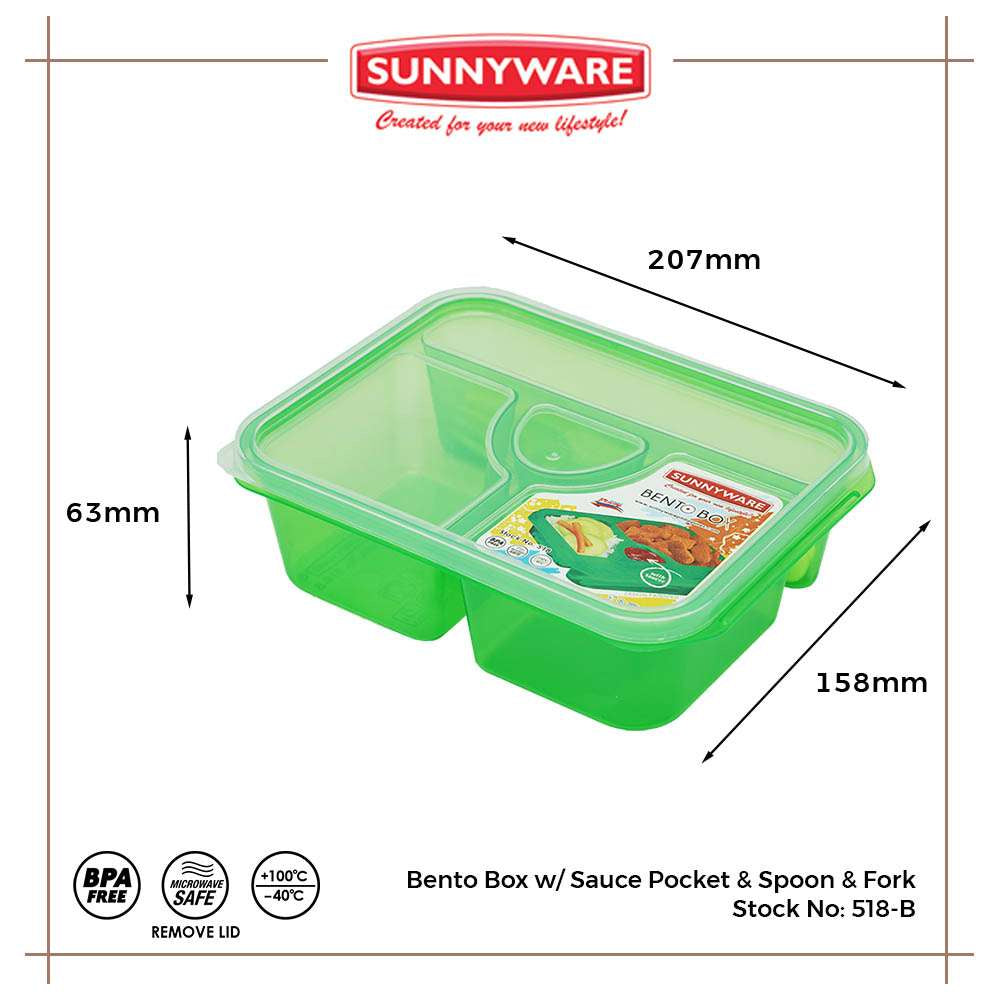 12pcs Big Bento Box w/ Sauce Pocket & Spoon & Fork [Sunnyware 518-B] |Plasticware|Lunch Box|BPA Free