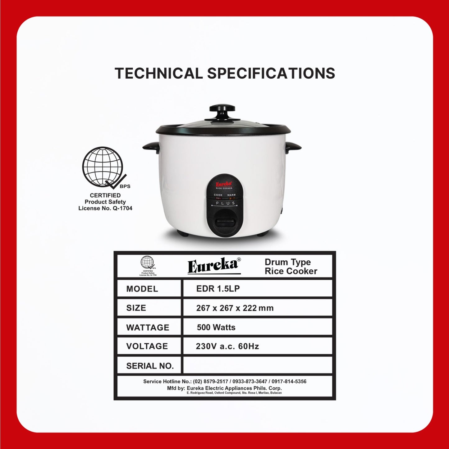 Eureka Rice Cooker Drum Type 9-Cups Suitable For 1–6 People 1.0L P | 1.5L P | 1.8L P