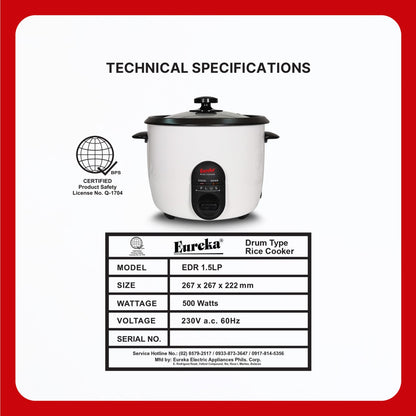 Eureka Rice Cooker Drum Type 9-Cups Suitable For 1–6 People 1.0L P | 1.5L P | 1.8L P