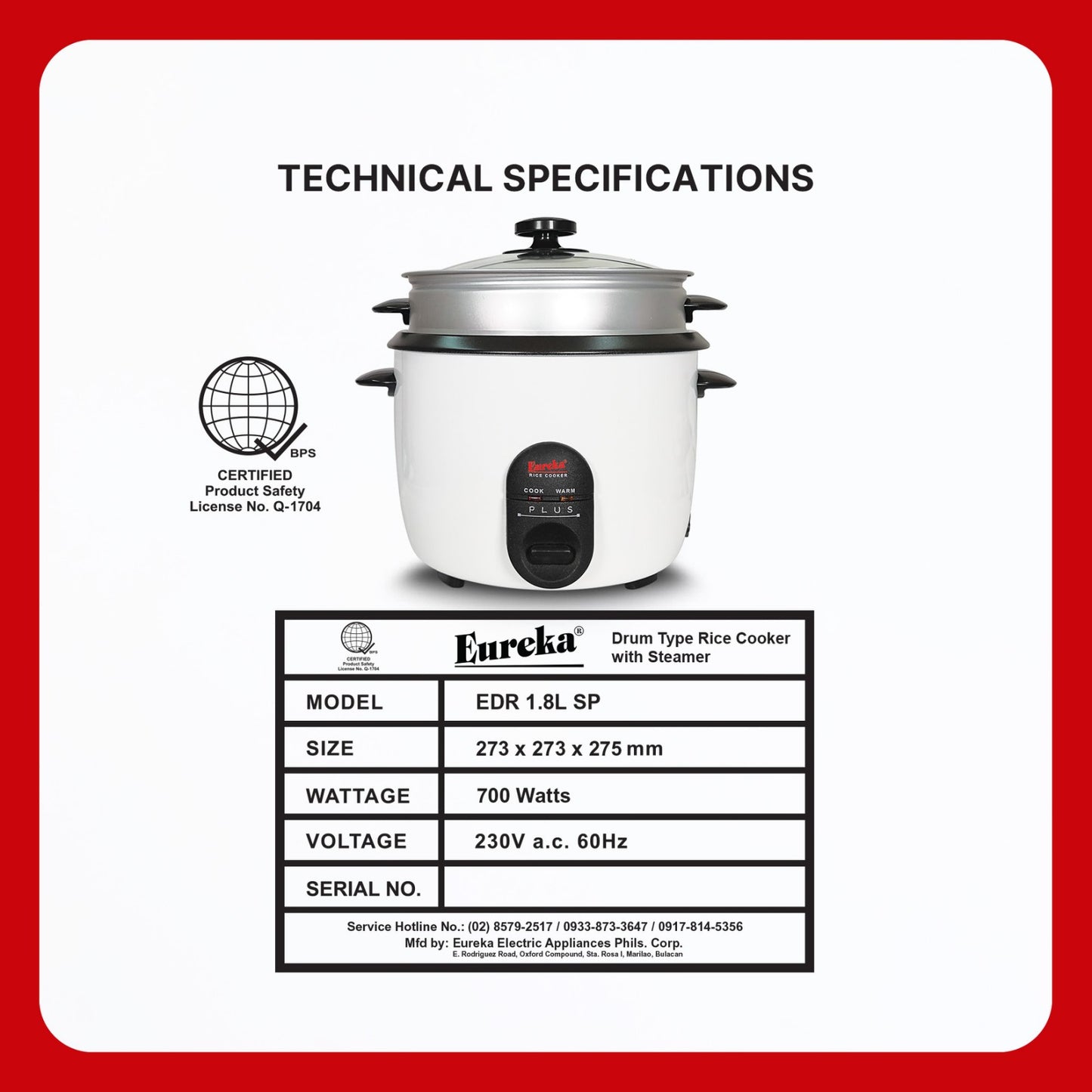 Eureka Rice Cooker Drum Type With Steamer 9-Cups Suitable For 1–6 People 1.0L & 1.5L & 1.8L SP