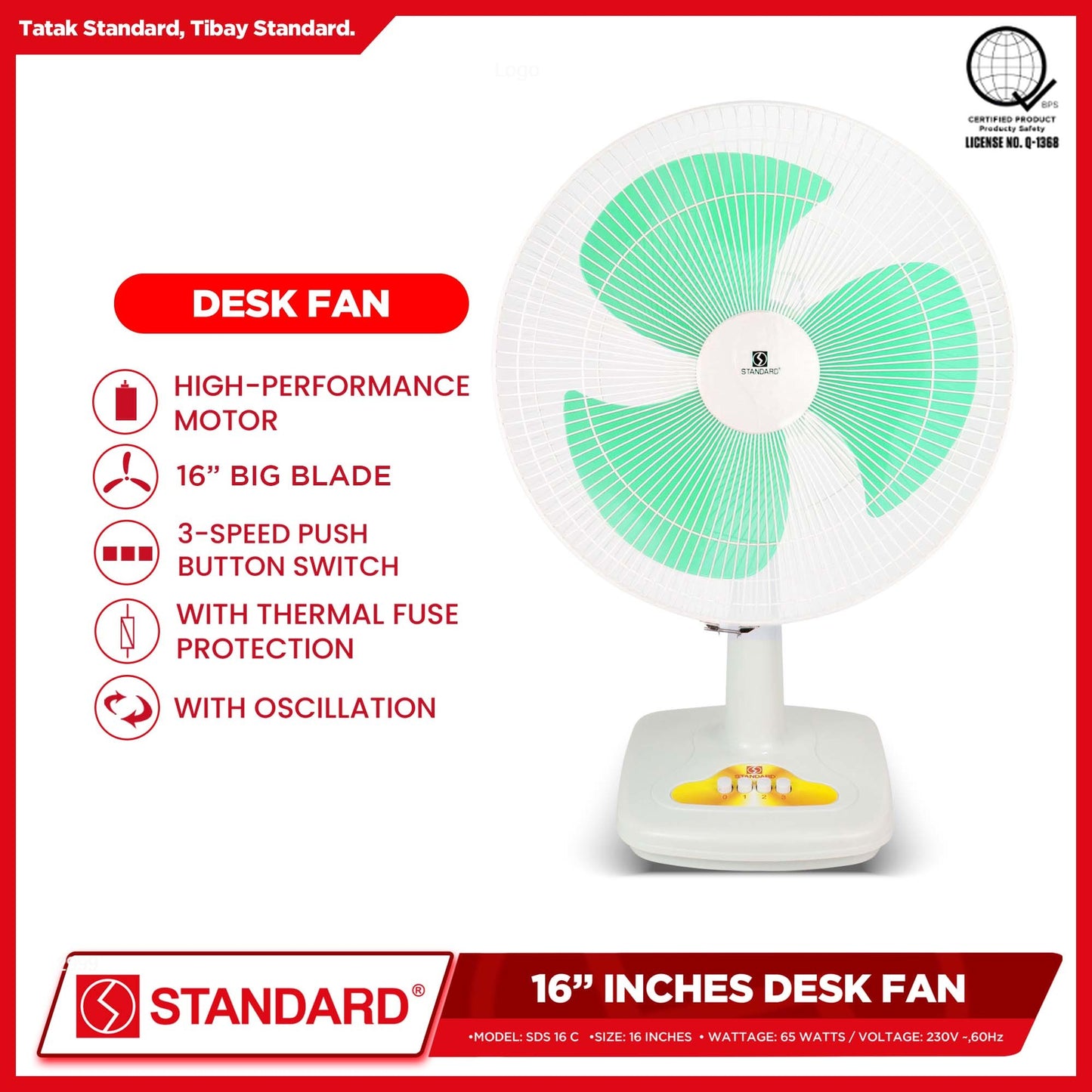 Standard Desk Fan 16" Big Plastic Blade