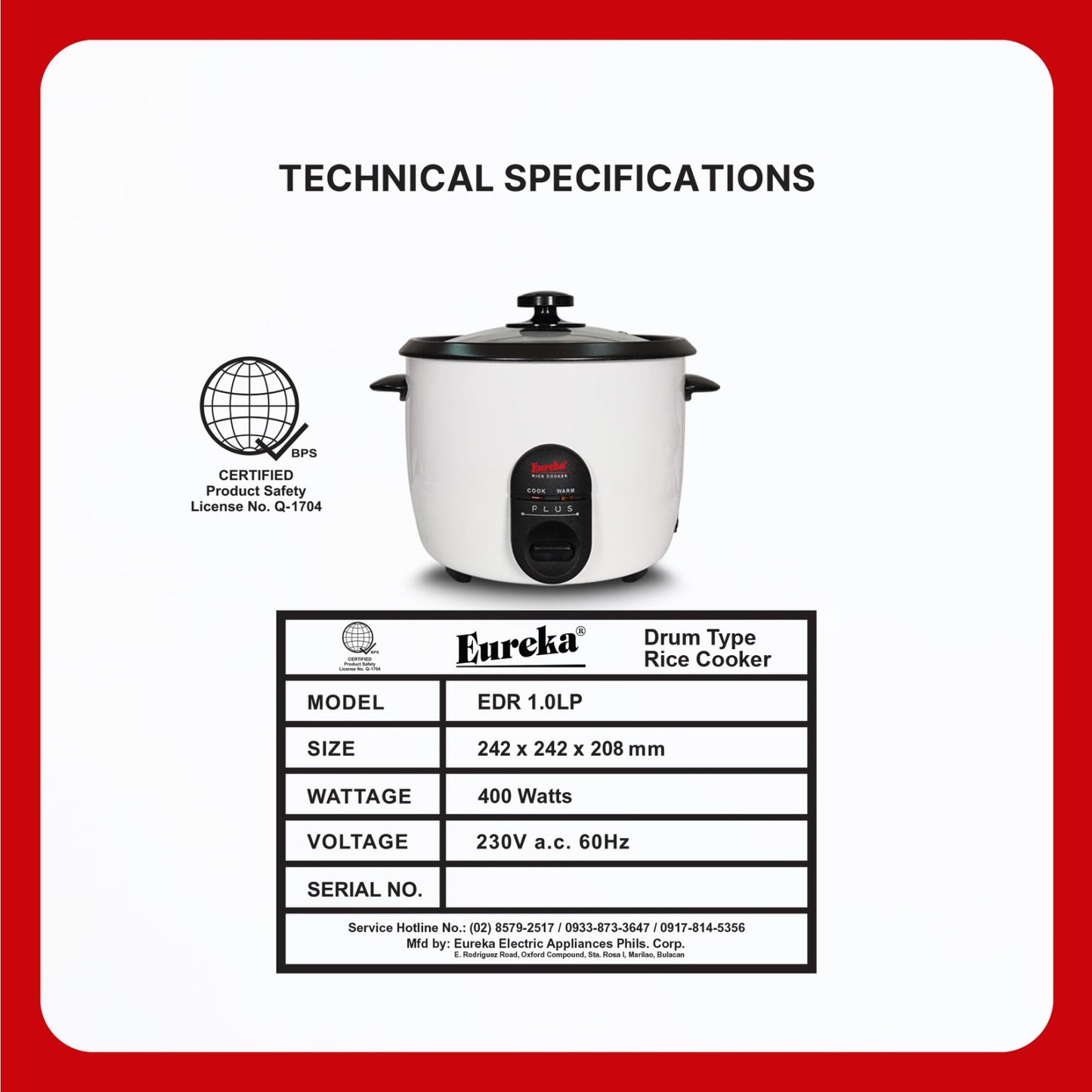 Eureka Rice Cooker Drum Type 9-Cups Suitable For 1–6 People 1.0L P | 1.5L P | 1.8L P