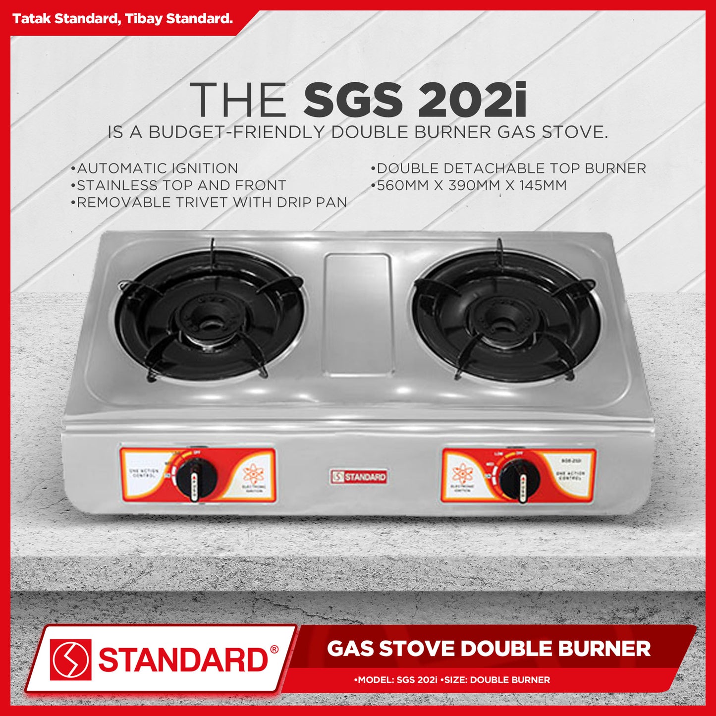 Standard Gas Stove Double Burner LPG Stove Stainless Steel (Automatic Ignition) SGS-202i