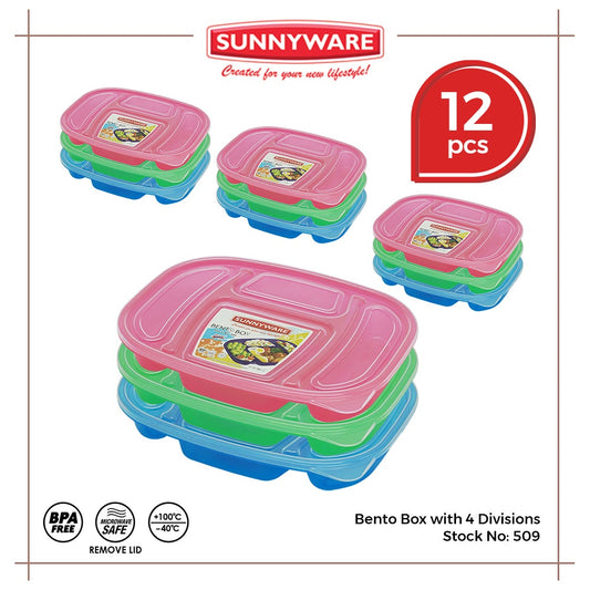 12pcs Bento Box with 4 Divisions [Sunnyware 509] | Plasticware | Lunch Box | Food Keeper | BPA Free