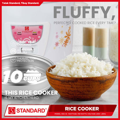 Standard Rice Cooker 1.8 Liters with Steamer 10 Cups Rice with Measuring Cup & Rice Ladle