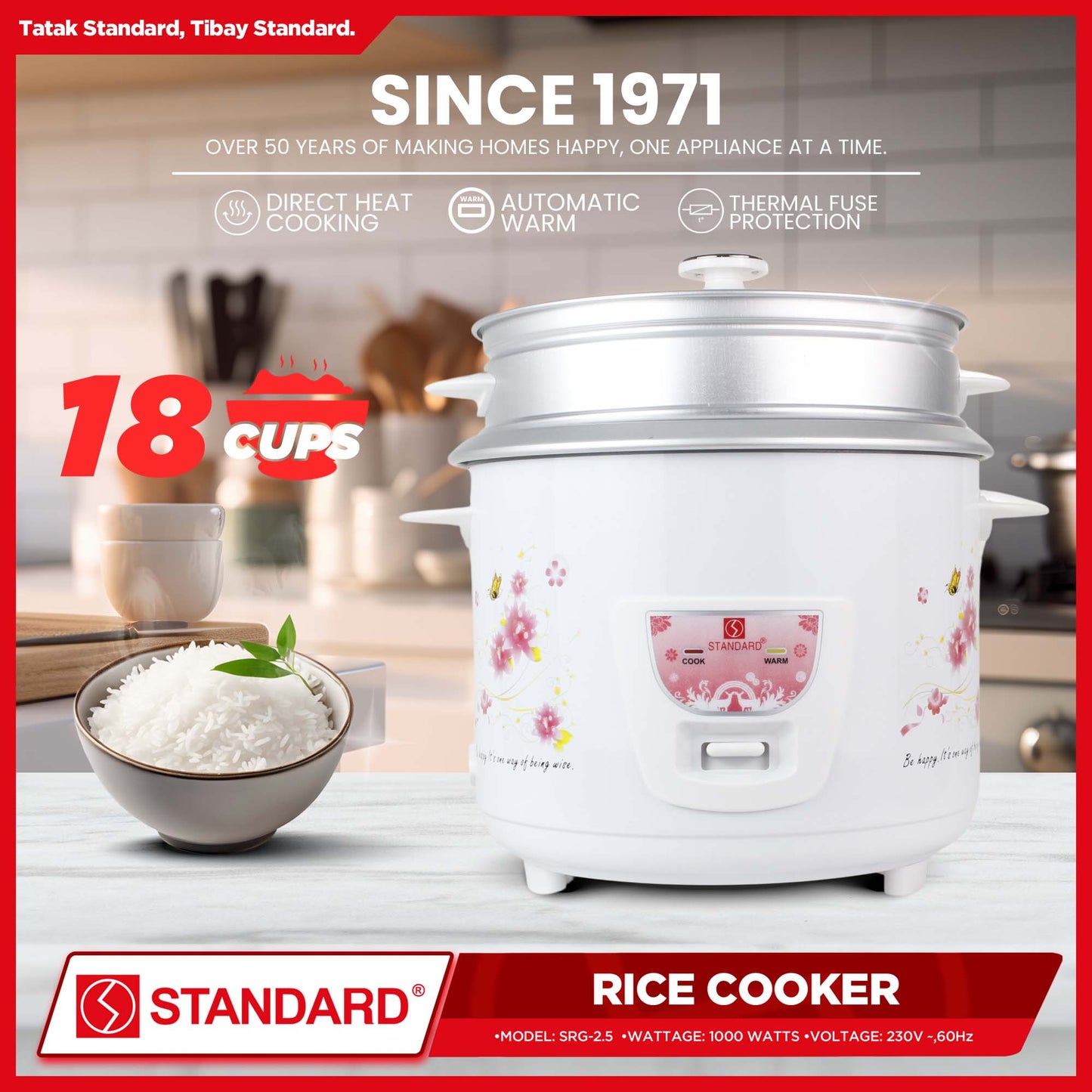 Standard Rice Cooker 2.5 Liters with Steamer 18 Cups Rice with Measuring Cup & Rice Ladle