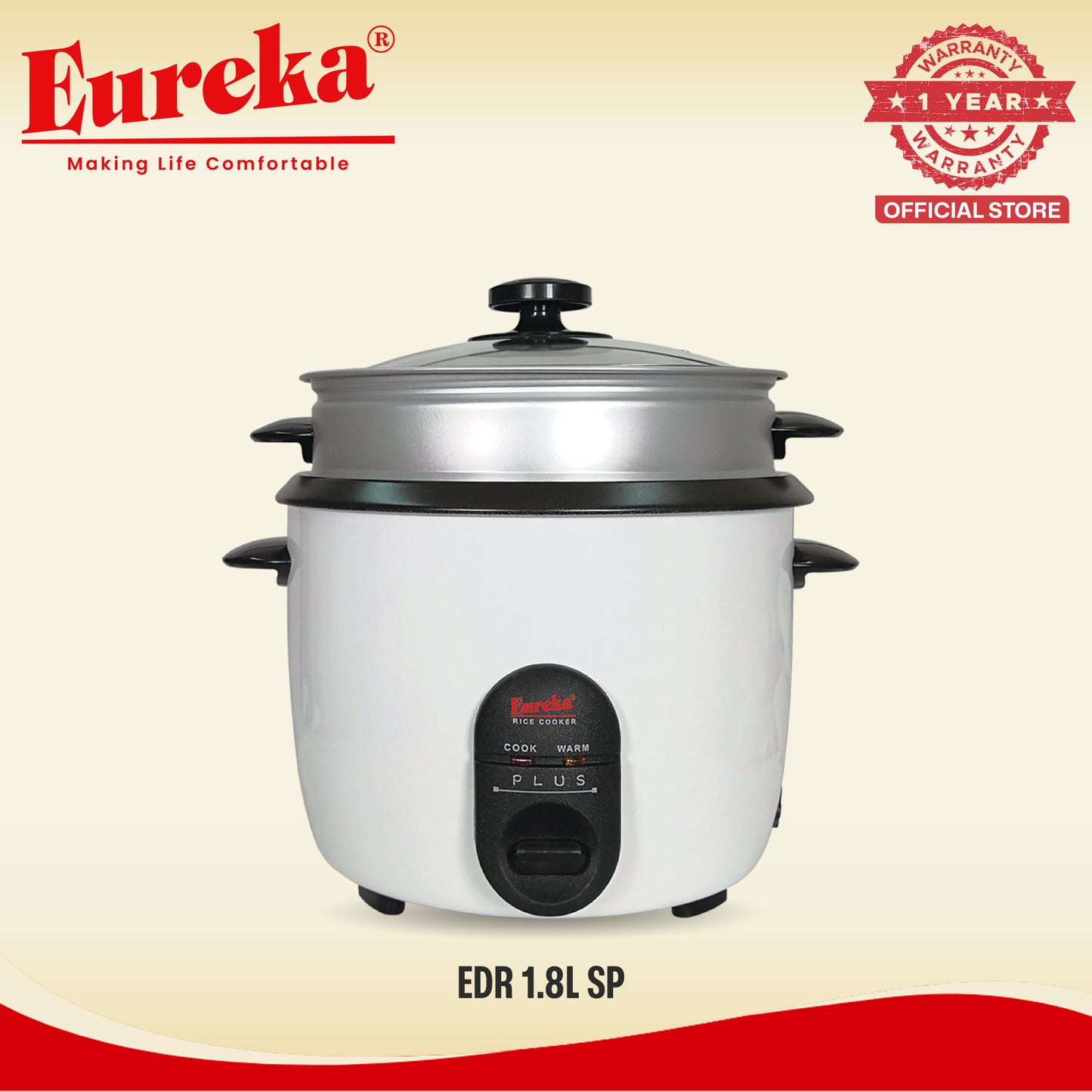 Eureka Rice Cooker Drum Type With Steamer 9-Cups Suitable For 1–6 People 1.0L & 1.5L & 1.8L SP