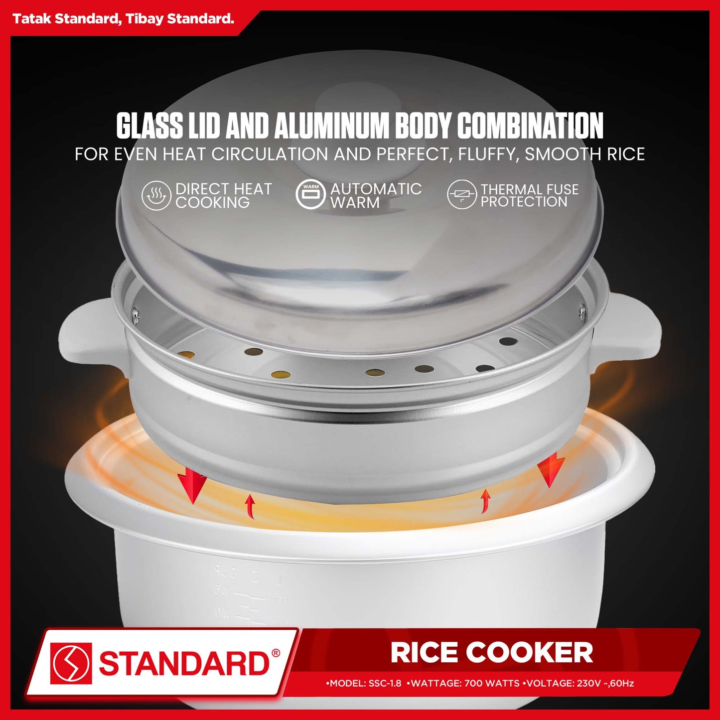 Standard Rice Cooker 1.8L 10 Cups Rice with Measuring Cup & Rice Ladle