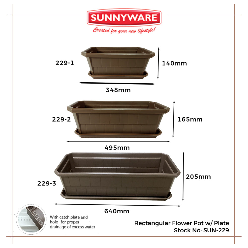 12pcs XL Rectangular Flower Pot with Plate [Sunnyware 229-3] | Plasticware | Gardenware |Flower Pots